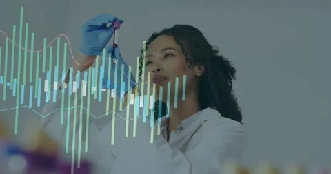 Lab tech holding tube up, rotating, inspecting as bar or line graphs overlaying Stock Footage 330894354