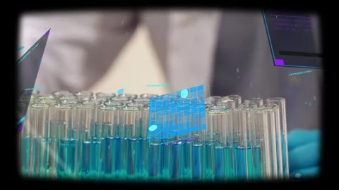 Lab tech inserting pipette and pipetting across test tube rack, HUD tracking Stock Footage 331736550