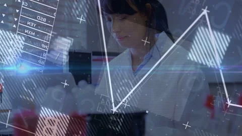 Lab tech inspecting red-capped tubes, preparing samples while data overlays Stock Footage 332523596