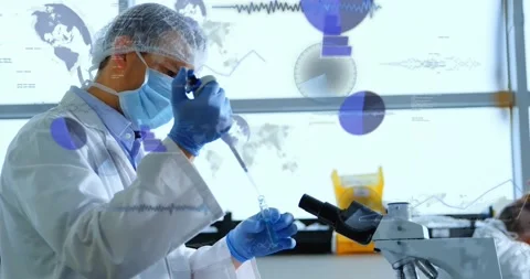 Lab tech inspecting vial and preparing sample with pipette for analysis while Stock Footage 331165646