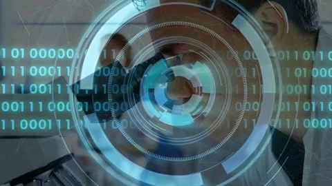 Lab tech leaning into scope starting HUD rings and binary aligning with eyepiece Video stock 335761913
