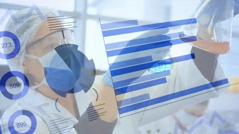 Lab tech lifting vial comparing blue amber samples with pie rings, bars shifting Stock Footage 332685915