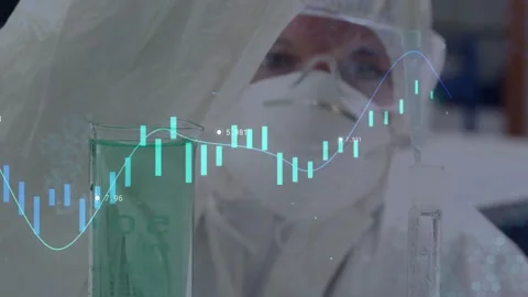 Lab tech lowering pipette into beaker, sampling to test as teal charts animating Stock Footage 328469370