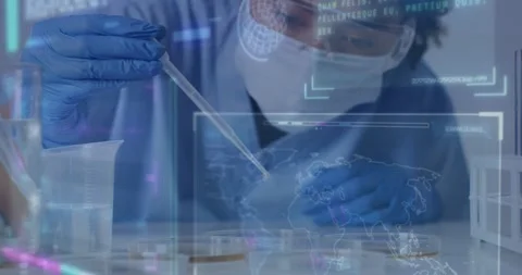 Lab tech lowering pipette, transferring into dishes on bench while map overlay Stock Footage 330380146