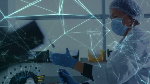 Lab tech moving pipette to palm, network and spiked sphere passing around hands Stock Footage 335761908