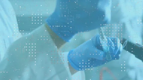 Lab tech moving pipette toward vial in lab, overlay shifting guiding precise Stock Footage 330444185