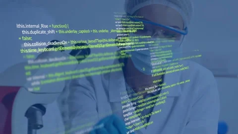 Lab tech peering into microscope while placing sample tube, scrolling code Stock Footage 331047836