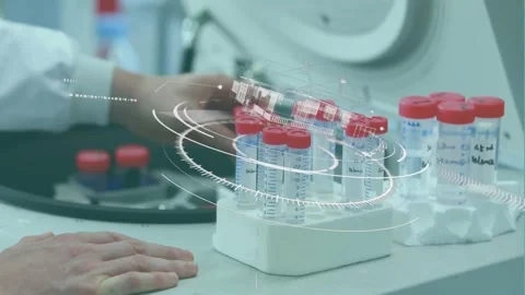 Lab tech picking labeled tubes and loading rotor while circular HUD signaling Stock Footage 330355902