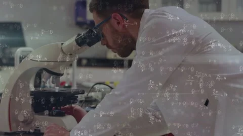 Lab tech placing slide in microscope, tuning knobs, testing sample, math overlay Stock Footage 335235064