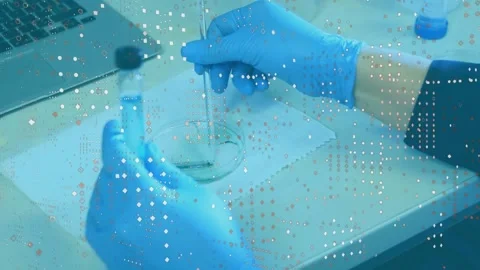 Lab tech prepping liquid sample lowering pipette to dish while dot overlay Stock Footage 330508999