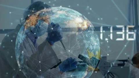 Lab tech prepping pipet, drawing samples into tubes for testing, globe nodes Stock Footage 331789554