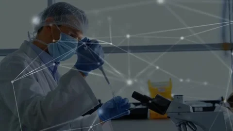 Lab tech pressing plunger, pipetting into tube for test, network overlay 動画素材 331227611