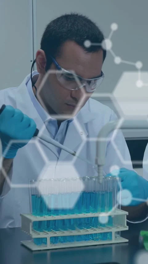 Lab tech raising pipette, dispensing blue into tube rack for test, hex overlay Stock Footage 330260458