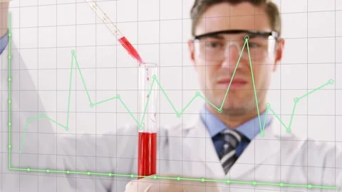 Lab tech raising pipette, dropping red liquid into tube, monitoring green graph Stock Footage 333818061