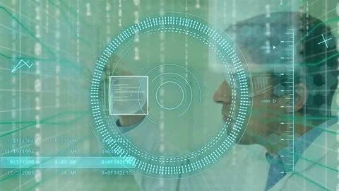 Lab tech raising right hand, manipulating wall control, monitoring medical HUD Stock Footage 335739782