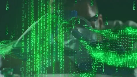 Lab tech reaching and aligning lens over sample for inspecting, causing green Stock Footage 334883967