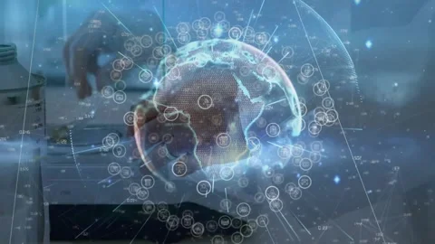 Lab tech reaching for bottle removing capsule weighing on scale digital globe Stock Footage 330509078