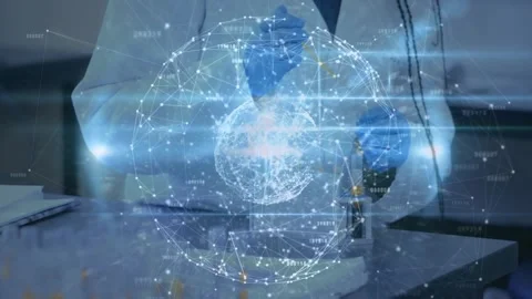 Lab tech reaching for pipette after holographic globe appearing, transferring Stock Footage 330397367