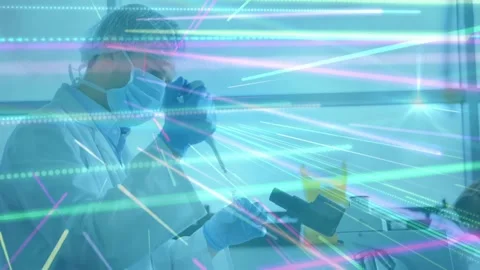 Lab tech reaching pipette, pipetting tube for scope analysis while light streaks Stock Footage 334315960