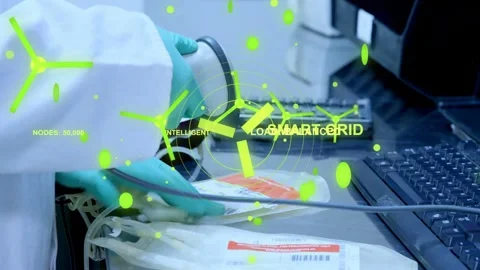 Lab tech reaching for scanner, scanning bags for intake check, SMART GRID icons Stock Footage 333485417