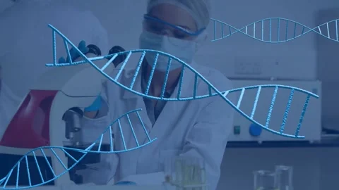 Lab tech reaching tubes preparing sample via pipet using scope with DNA overlay Stock Footage 330741069