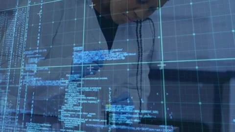 Lab tech reaching vial, placing sample on device for testing while blue code Stock Footage 330355401