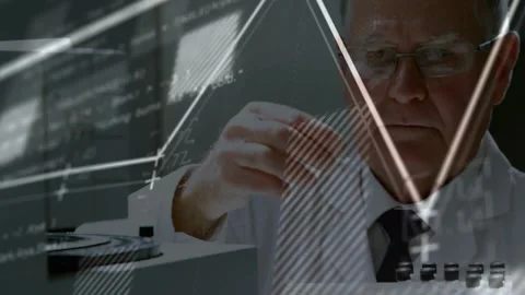 Lab tech reaching for vial from tray, loading unit, charts or code sweeping Stock Footage 330462676