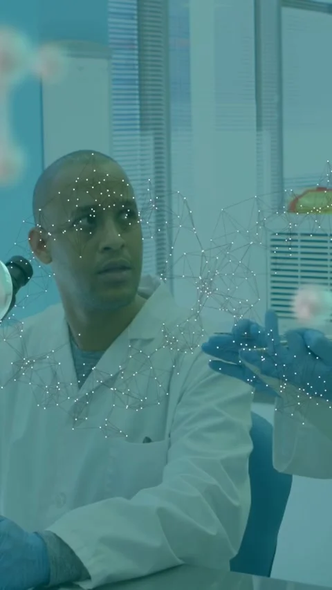 Lab tech reacting to gloved hand offering sample for test sparkles and bubbles Stock Footage 332806608