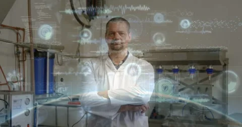 Lab tech responding to sweeping overlay for checks, raising, crossing arms while Stock Footage 331833477