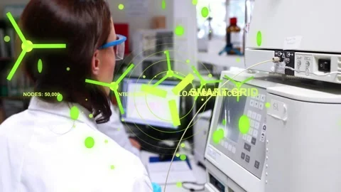 Lab tech tapping analyzer keypad activating smart grid HUD growing around Stock Footage 333704154