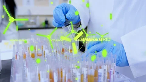 Lab tech tapping tubes with scanner, initiating neon green smart grid overlays Stock Footage 333594454