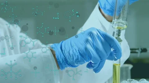 Lab tech tuning burette valve, releasing drops into tube, checking sample with Stock Footage 334883933