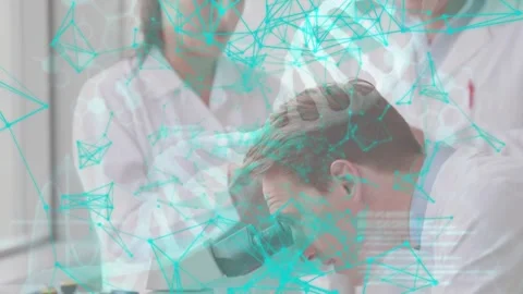 Lab tech tuning focus peering scope checking samples team pad teal DNA overlay Stock Footage 334322210