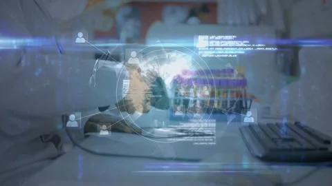 Lab tech using scanner near tubes, tapping tablet and keys, logging samples Video stock 332545101