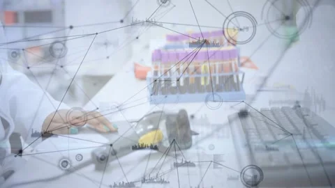 Lab tech woman reaching scanner, activating overlay marking purple tubes while Stock Footage 331701172