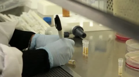 Lab tech writes on vials under protective hood Stock Footage 21939071