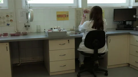 Lab technician analyzes microbiological specimens in test tubes. Bacteriology. Stock Footage 50240950