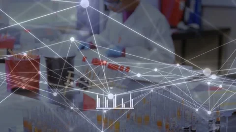 Lab technician arranging sample tubes as overlay revealing bench causing testing Stock Footage 335761933