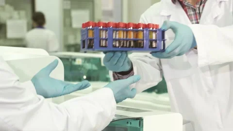 Lab technician hands over test tubes to colleague in a busy laboratory Stock Footage 311987952