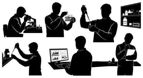 Lab Technician with Microscope Silhouettes Stock Illustration