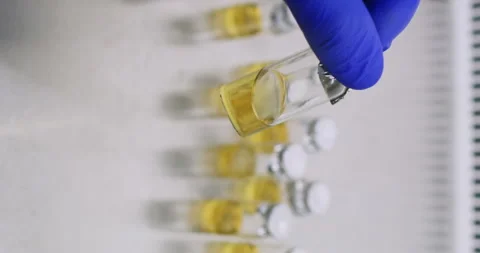 Lab technician picks up vial of injection medicine with liquid Stockbeeldmateriaal 310313958