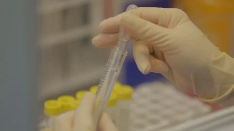 Lab technician pipetting samples with reagents, laboratory, disease control Stock Footage 128643258