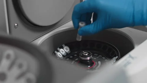 Lab technician puts test tubes with samples of viruses in centrifuge for testing Stock Footage 147594088