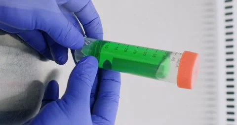 Lab technician tilts container to examine bright green liquid Stockbeeldmateriaal 310314682