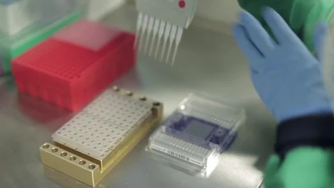 Lab Technician Transferring Solution with an Autoclavable Pipette Stock Footage 69850573