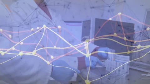 Lab technicians placing rack then inserting tubes for testing with network Stock Footage 309872401