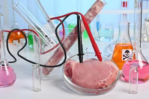 Lab Test or Artificial Grown Meat with Electrodes Stock Photos
