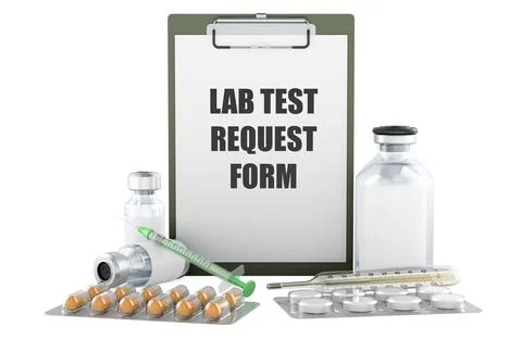 Lab Test Request Form with medical supplies. 3D rendering イラスト素材
