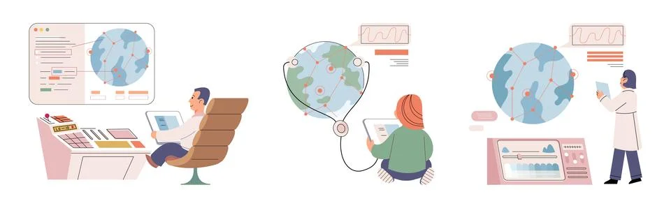 Lab test. Scientists examine samples under microscope for detailed examination Illustrazione stock