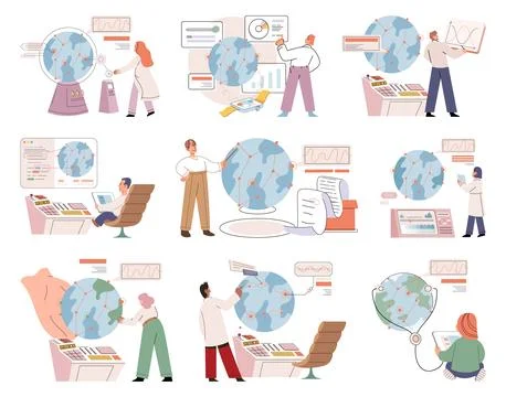 Lab test. Scientists inspect samples under microscope to gather information イラスト素材